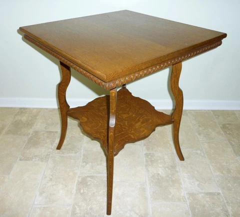 1920's Solid Oak Parlor/Pub Table Plant Stand Carved Apron 1/4 Sawn Shelf Sturdy Cover