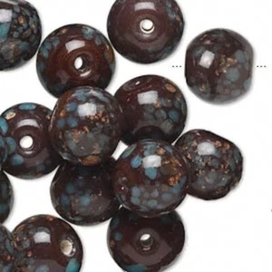 50 Brown Turquoise & Copper 12mm Round Glass Lampwork Beads with 1.8-2.1mm Hole - Picture 1 of 3