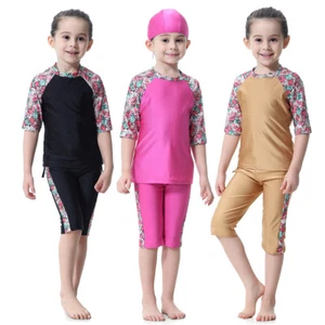 Kids Girls Swimwear Modest Islam Muslim Tops/Pant/Cap Swimsuit Beachwear Burkini - Picture 1 of 31