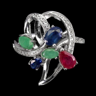 Anello In Argento Sterling 925 Ovale Con Zaffiro Blu Smeraldo Rubino Gioielleria - Immagine 1 di 4