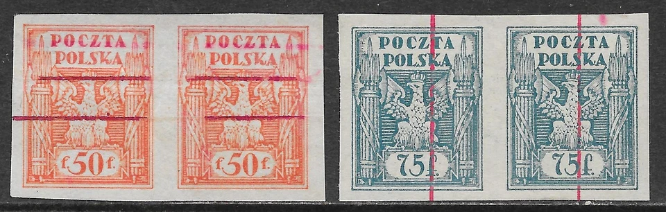 Sellos de Polonia 1919 2 pares de PRUEBAS UNG (según emitido) en muy buen estado Foto 1 de 1