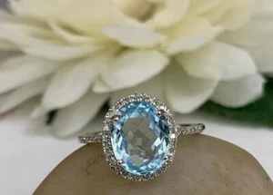 March Birthstone 2 Ct Oval Simulated Aquamarine Women's Halo Ring 925 Silver - Picture 1 of 6