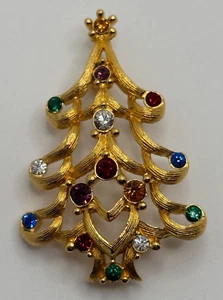 Broche prendedor árbol de Navidad vintage Monet tono dorado estrás - Imagen 1 de 13