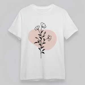 Women's Comfy Classic T-Shirt Simple Blossom Stem Pattern Design WhiteCotton Tee - Picture 1 of 6