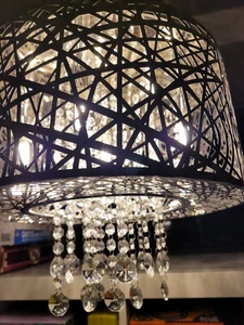5 LED Light Laser Cut Stainless Steel Mirrored Shade Pendant w/ Crystal Drops - Picture 1 of 19