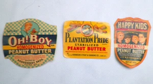 3 etiquetas de mantequilla de maní vintage sin usar - marca Happy Kids Oh Boy Plantation Pride - Imagen 1 de 5