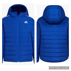 Adidas Jacket Boys XL Blue Puffer 3 Stripe Adicolor Hooded Padded Kids Youth - Picture 1 of 8