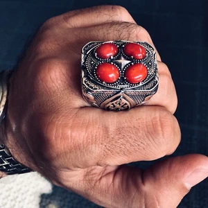 Silver Men's Statement Ring natural Red Coral solid 925 Sterling Bold Heavy - Picture 1 of 8