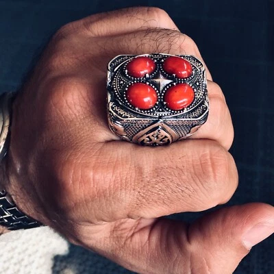Anillo de plata para hombre coral rojo natural sólido 925 esterlina audaz pesado Foto 1 de 4