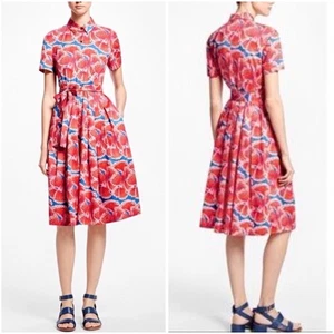 Vestido Camisa Brooks Brothers Rojo Floral Talla 8 100% Algodón Cinturón Midi - Imagen 1 de 16