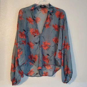 Blusa Anthropologie Aakaa Top Mediana Floral Transparente Azul Naranja Bohemia Ala de Murciélago - Imagen 1 de 8