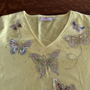 The Quacker Factory Sequin Butterfly Embellished Sweater Yellow Size XL New - Picture 1 of 12