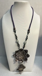 Vintage Sterling Silver 925 Lotus Flower Paracord Jade Stone Necklace (68.18g) - Picture 1 of 14