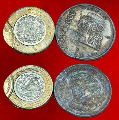México 10 pesos erro bimetálico 5000 pesos Expropiacion Petrolera 1988 lote 2 peças - Imagem 1 de 3