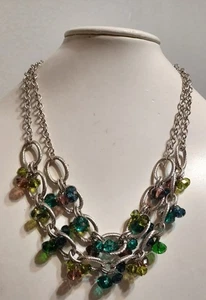 Vintage silberfarbene Doppelstrangkette mit facettiertem Grün, Blau, Lila Aqua - Bild 1 von 5