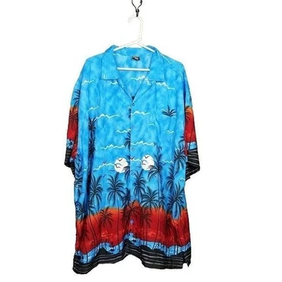 WC Walnut Creek Electric Blue Polyester Button Down Palm Trees Shirt Size 4XL - Image 1 of 4