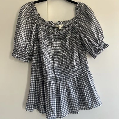 Blusa Max Studio Smocked L Preta Branca Gingham Nova Com Etiqueta Boho Camponesa Top Camisa - Imagem 1 de 4