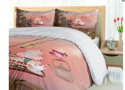 Queen Duvet  Set  Alice in Wonderland theme butterfly forest  Peach Pink - Image 1 of 4