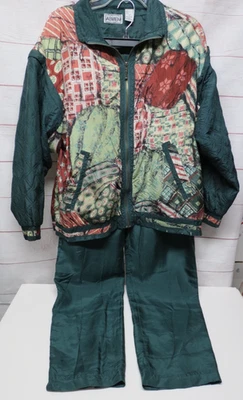 Conjunto de Pantalones Chaqueta Traje de Pista 100% Seda Vintage Años 80 90 Mediano Verde Floral - LEER Foto 1 de 4