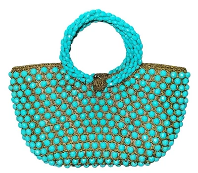Cartera de Colección Años 60 Harry Rosenfeld Cordón Dorado Crochet Robin Huevo Azul Cuentas Foto 1 de 4