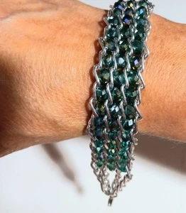 Armband geflochtenes Kettenglied mit türkisgrünen facettierten Kristallperlen. Gr. 7-8 - Bild 1 von 3