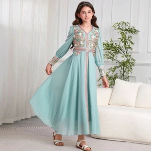 Dubai langes Kleid Chiffon Stickerei Abaya Muslim Mädchen Kinder Maxi Morgenmantel Abend - Bild 1 von 12