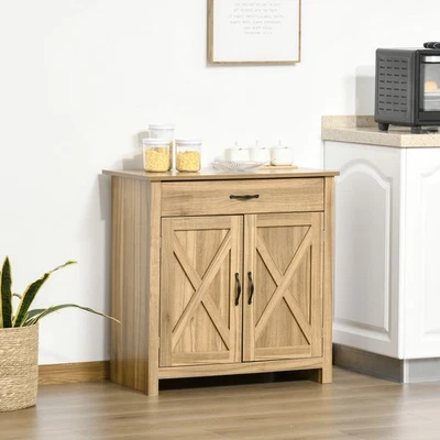 Farmhouse Barn Door Sideboard Buffet Storage Cabinet Coffee Bar Natural Wood - Image 1 of 4