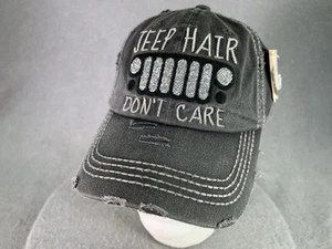 Jeep Hair Don't Care Hat Cap Strap Back Distressed Adjustable Bling Kbethos NWT - Picture 1 of 14