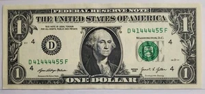 LUCKY 4444 Five Of A Kind 4s Trinary $1 One Dollar Bill Fancy Serial Number 2021 - Picture 1 of 2
