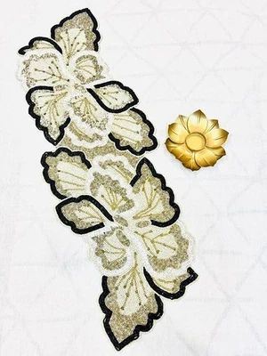 Indian Handcrafted Beaded Table Runner Black And White Floral Design 13×36 Inch - Image 1 of 4