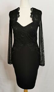 Lipsy Black Long Sleeve Lace Artwork Mini Bodycon Dress UK Size 8 