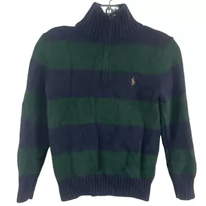 Polo Green Navy Striped Knit 1/4 Zip Cotton Pullover Sweater Boys S Preowned - Picture 1 of 4