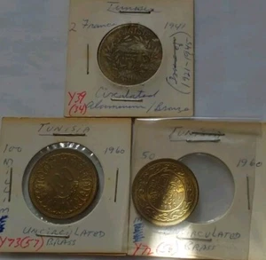 Tunisia 2 Francs Token Coin 1941 + 50 & 100 Millim 1960 Brass Coins-KM#248 - Picture 1 of 7