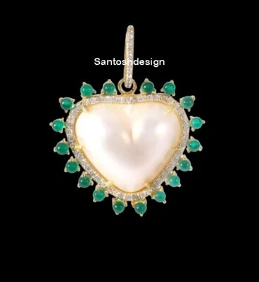 Hermoso Colgante Corazón Perla Diamante Ónix Verde Plata de Ley 925 Dije, Regalo Foto 1 de 2