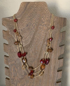 Lovely 3 tier SAQ beaded stone chain necklace, 18" long, Brown, Burgundy and Tan - Picture 1 of 5