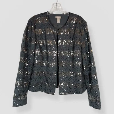 Chaqueta Chico's Plateada/Dorada Lentejuelas Talla Pequeña Gris Cierre de Gancho y Ojo Fiesta Evento Foto 1 de 4