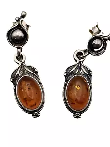 Vintage Solid Silver Amber Dangle Earrings - Picture 1 of 6