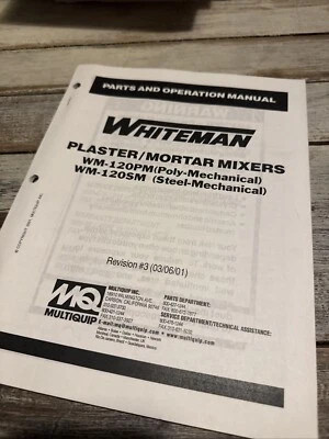 MULTIQUIP whiteman WM-120-SM/PM Mortar Mixer owner Operator Parts Manual Book - Image 1 of 4