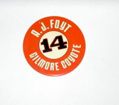 Vintage Indianapolis A. J Foyt Indy 500 Winner #14 Gilmore Coyotepinback button  - Image 1 of 2