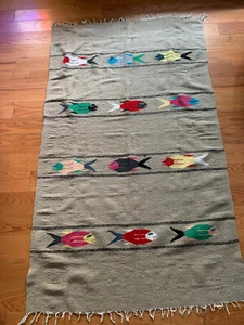 Blanket Throw Rug Southwest style Handmade Tan With Fish 46”x78” - Picture 1 of 10