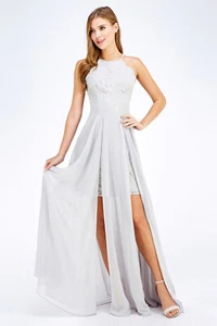 Ladies SCALLOP DETAIL SLITS DETAIL Formal Bridesmaid Long Dress Gray S M L 26513 - Bild 1 von 4