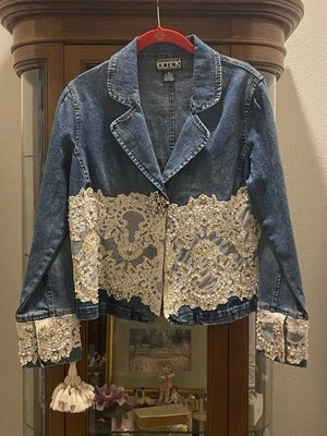 Berek 2 Denim Jacket Blazer lace Sequin Bead Embellishments Detailing Sz S - Image 1 of 4