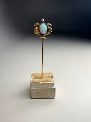 Antique 14K Yellow Gold Rose Cut Diamond & Opal Dragon Stickpin - Image 1 of 4