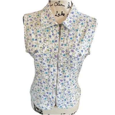 Chaleco Floral Denim Blanco Cremallera Completa Jeans Vintage NY Algodón Para Mujer Talla Mediana Foto 1 de 4