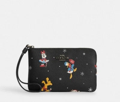NWT Coach CN031 Corner Zip Wristlet In Leather With Disney Holiday Print Black - Image 1 of 4