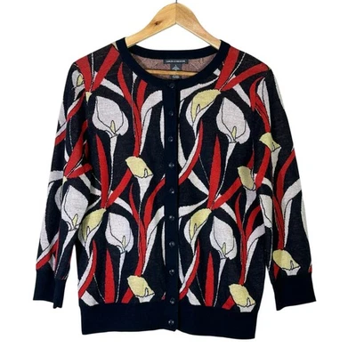 Chelsea & Theodore Cardigan Womens L Black Red Floral Button Up Wool Knit Quirky - Image 1 of 4