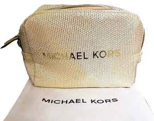 Michael Kors Metallic Gold Pouch Clutch Cosmetic Institutional Travel Bag NIP - Picture 1 of 15