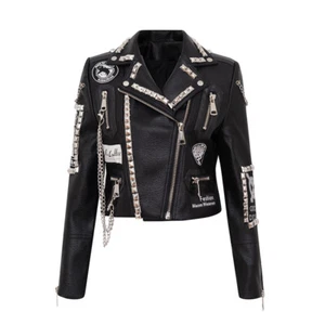 Women Rivets Graffiti Short Biker Coat Slim Zipper Chains Punk Jacket Short Coat - Picture 1 of 13