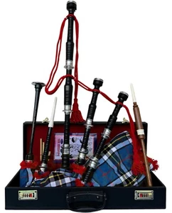 Highland Rosewood Bagpipe For Sale Black Finish With Thomson Blue Tartan Cover - Picture 1 of 5