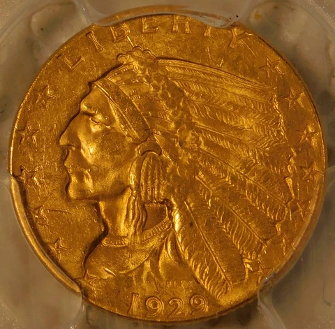 1929 $2.50 Gold Indian Quarter Eagle PCGS MS63 Sharp Look Cover